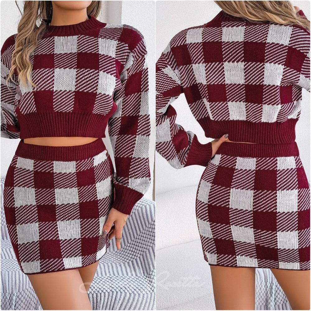 (Out Of Stock) Blue Plaid Top and Skirt Sweater Set - Picture 7 of 8